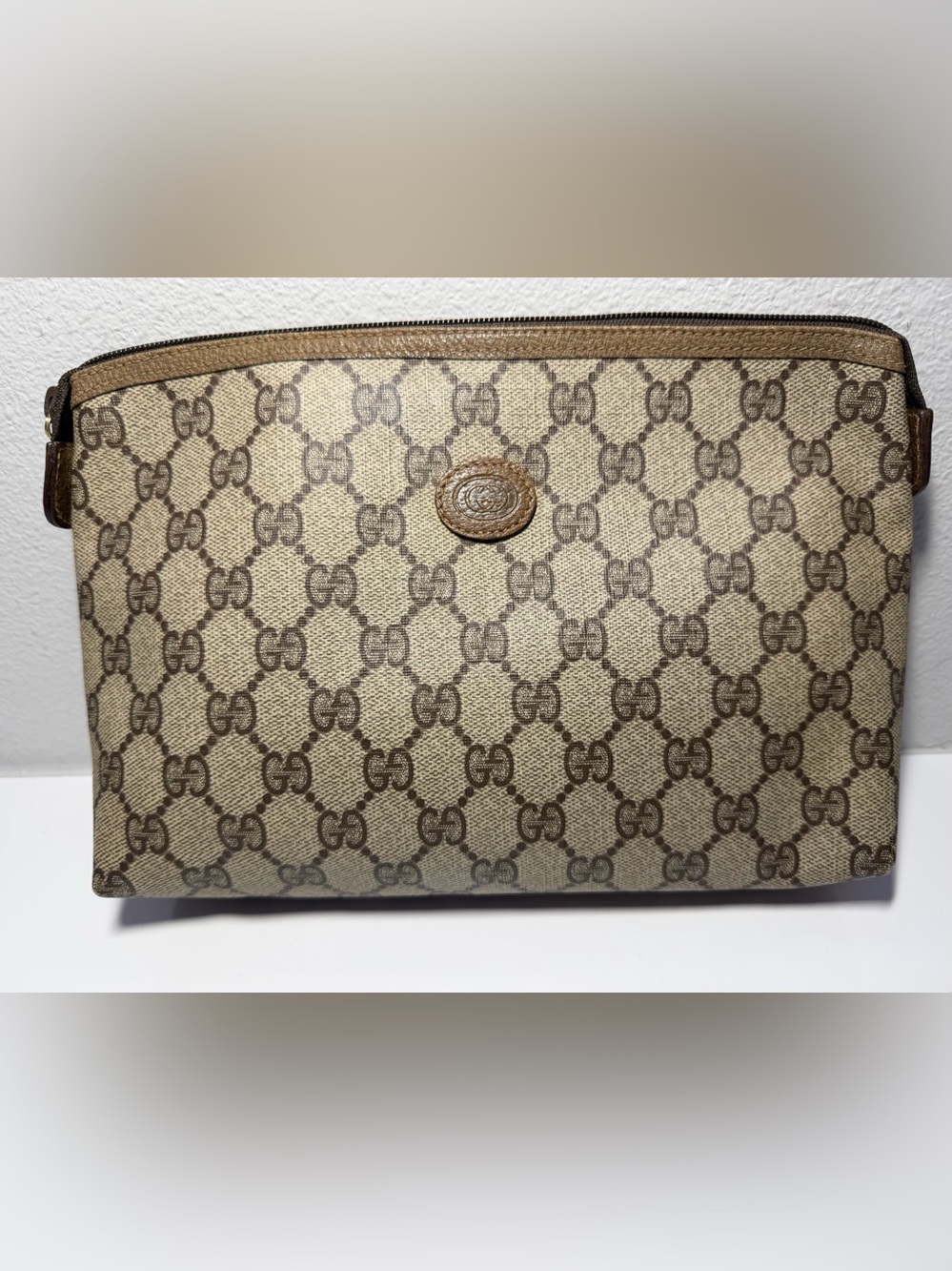 COA included - Gucci Beige Brown GG Canvas Zip Pouch/Clutch